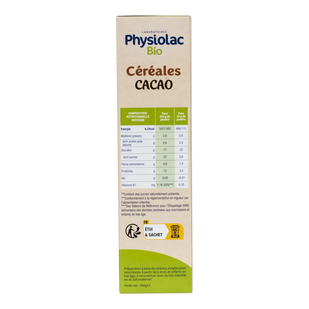 PHYSIOLAC Céréales Bébé Cacao Bio